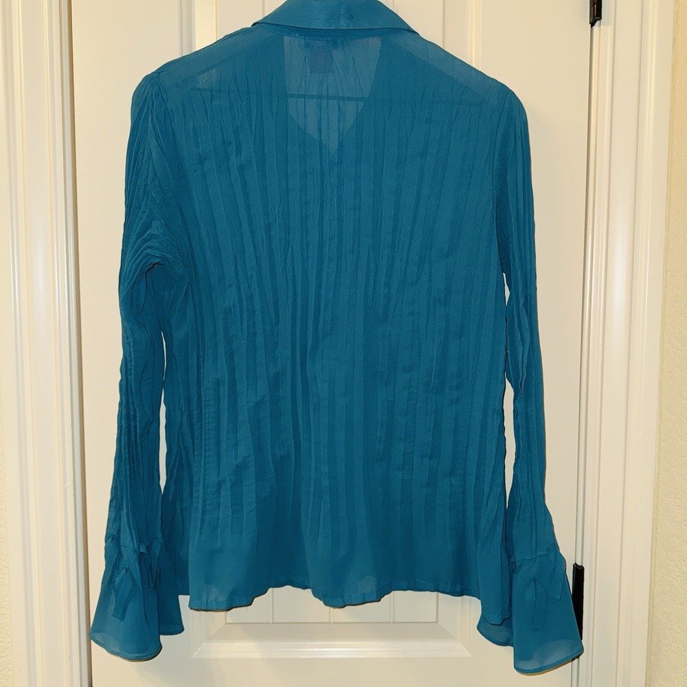 Notations Teal Ruffle Blouse M Sheer Crinkle Texture Bell Sleeve Y2K Fairycore - Picture 9 of 9